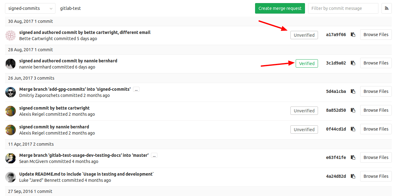 How unsigned, unverified and unsigned commits are shown in the GitLab Web UI.